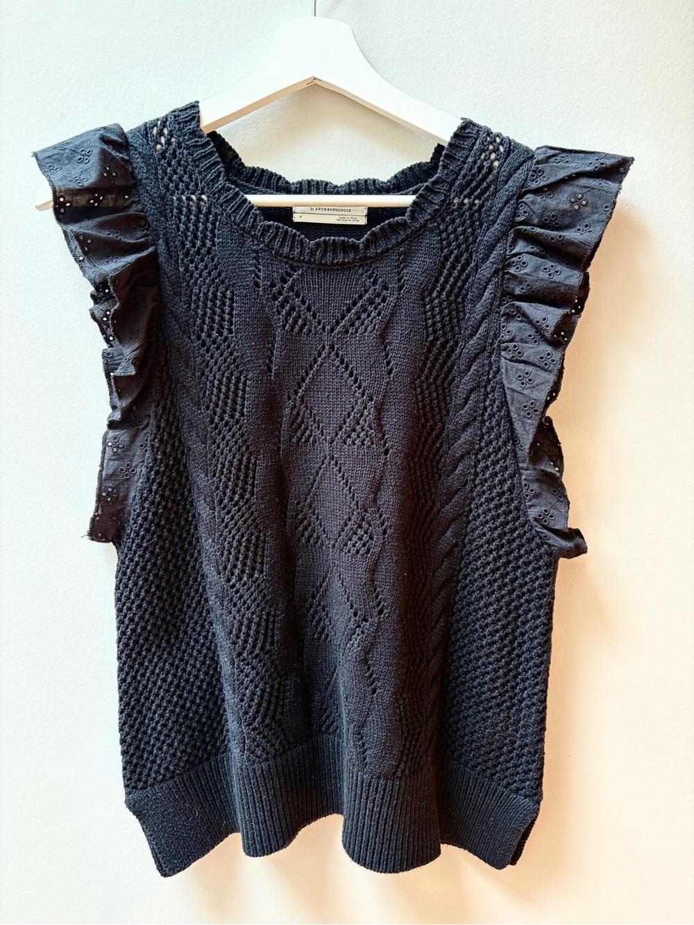 Anthopologie black cotton Ruffle-Sleeve Knit Top - Women
